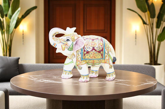White marble hand painted gold and red color and hand crafted elephant idol