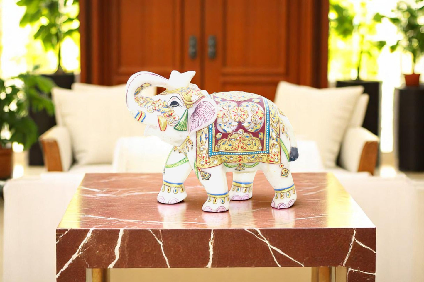 White marble hand painted gold and red color and hand crafted elephant idol
