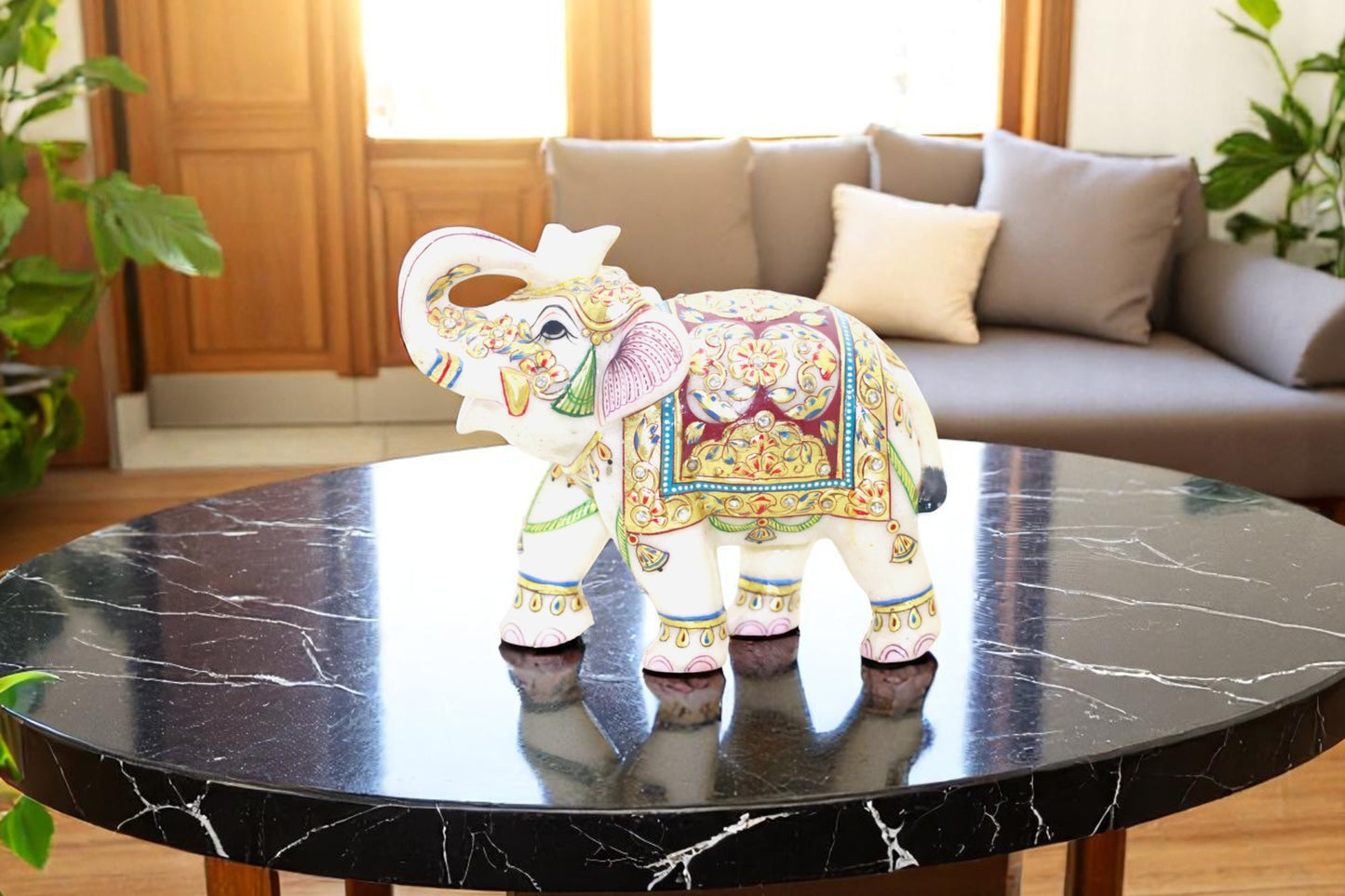 White marble hand painted gold and red color and hand crafted elephant idol