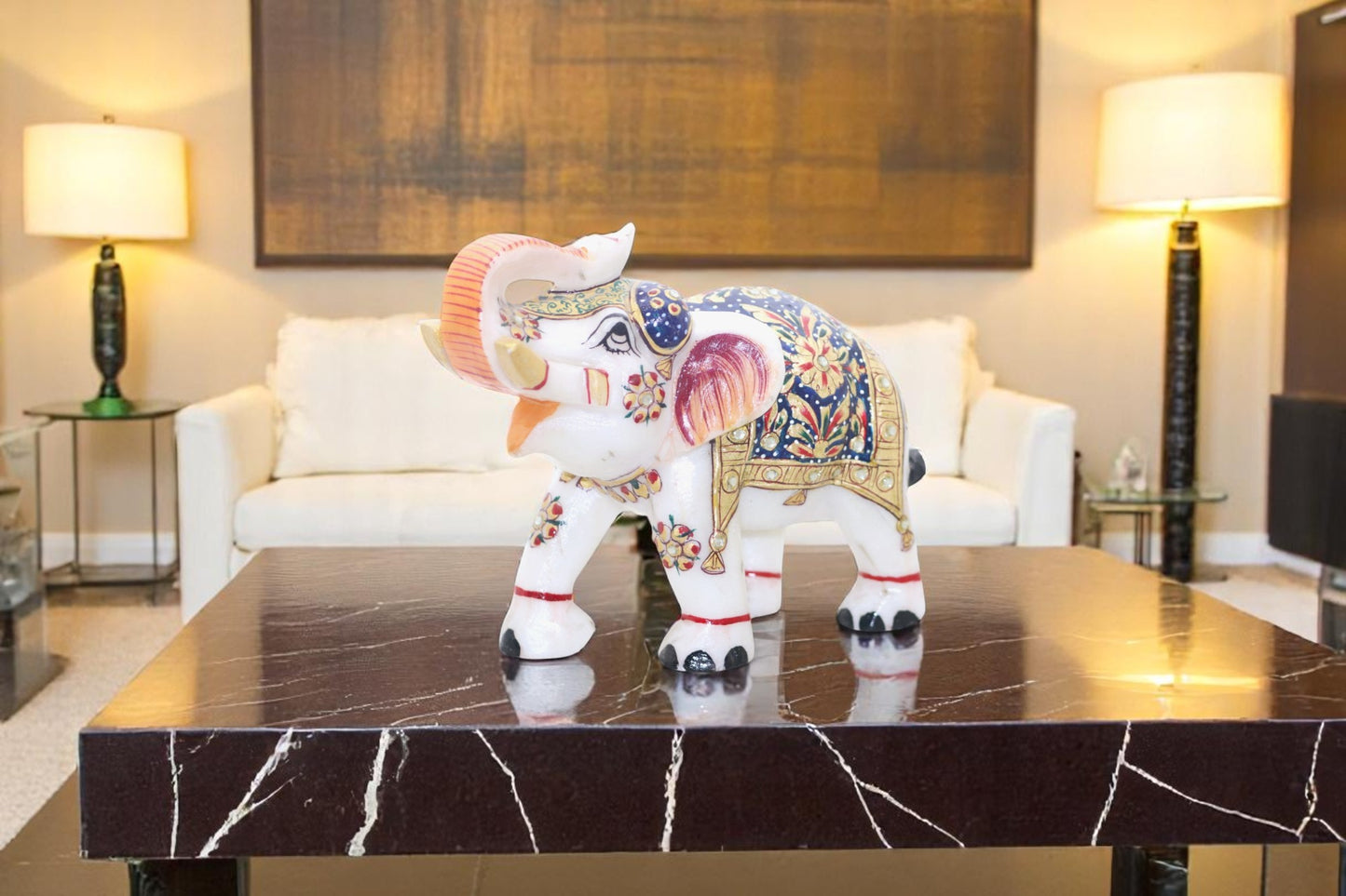 White marble hand painted Elephant Idol for home decor