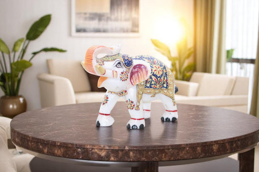 White marble hand painted Elephant Idol for home decor