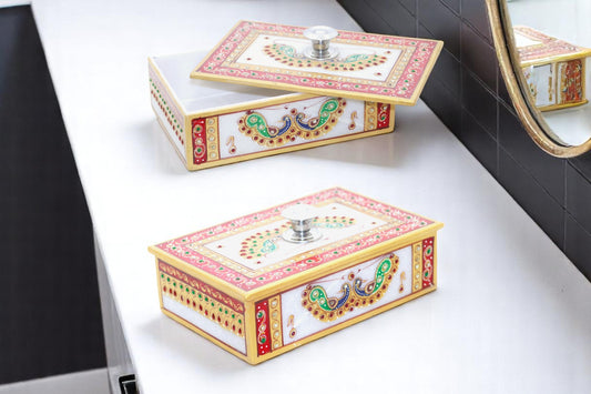 White marble jewelry box hand painted and beautifully handcrafted