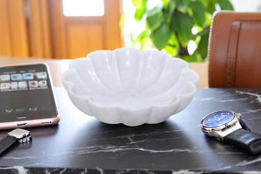 White marble flower shaped serving bowl | fruit bowl | decoration bowl | temple flower bowl