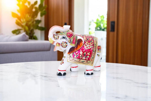 White marble hand painted and hand crafted elephant idol