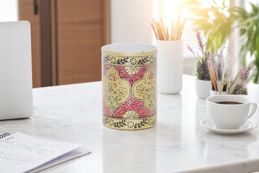 White Marble hand painted Pen Stand: Handcrafted and Hand Painted Design Elegance