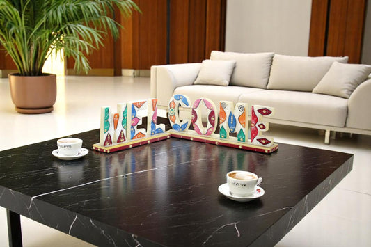 White marble hand painted and hand crafted welcome plate