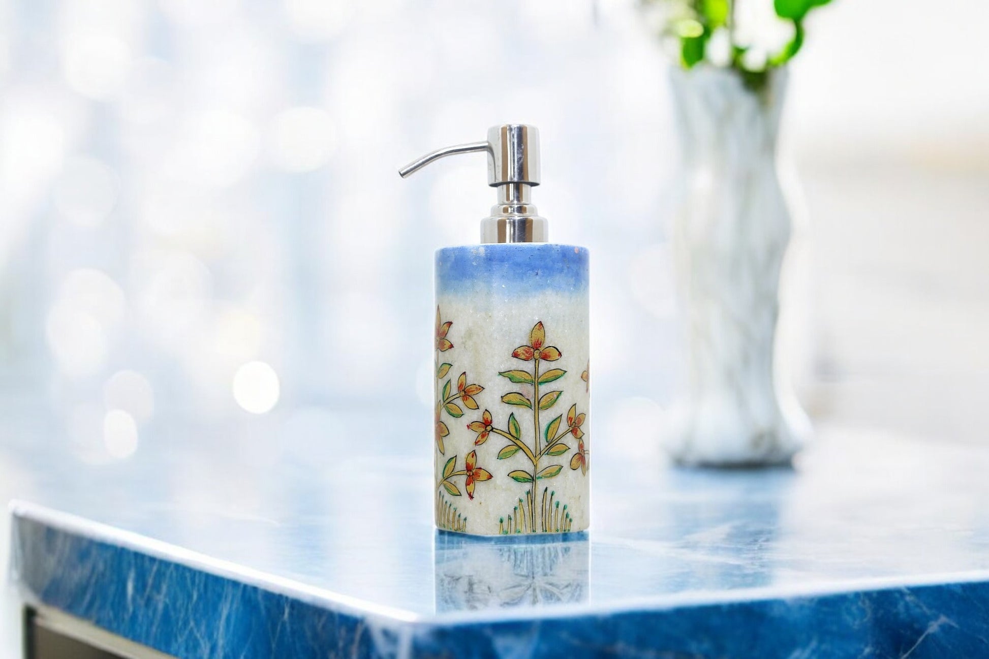Blue white marble soap dispenser 1 Luxury hand crafted handicraft items Global Japan Korea Dubai Singapore Europe UK london United kingdom United states of America UAE Saudi USA.jpg