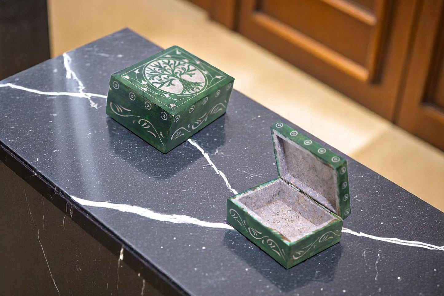 Handcrafted green stone jewelry box