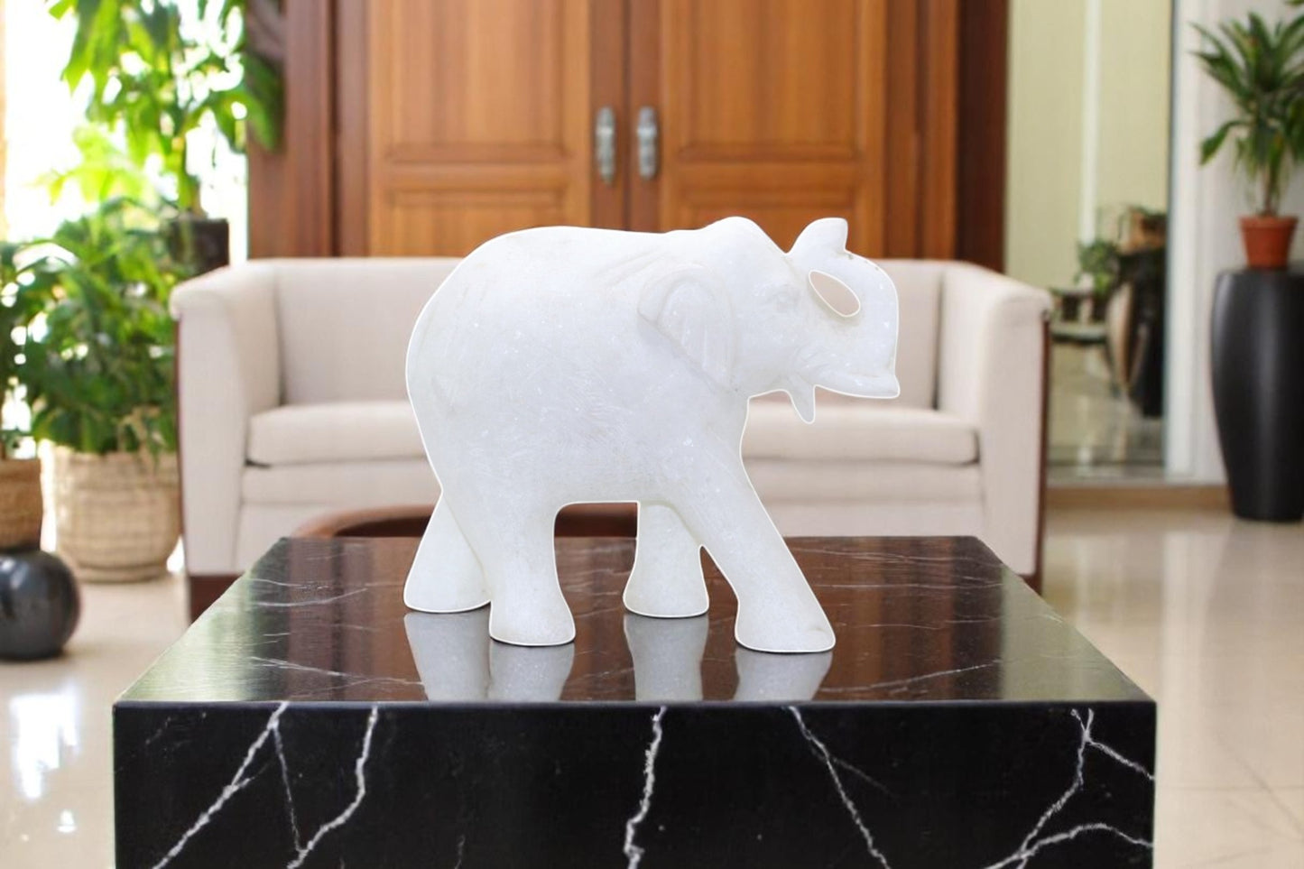 Exquisite White Marble Elephant Idols: Handcrafted Artistry - 2.7kg