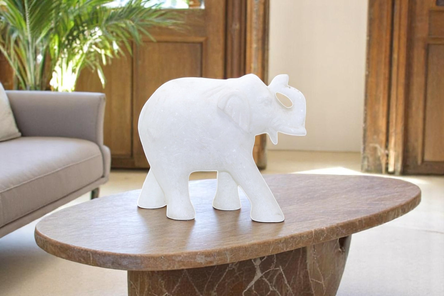 Exquisite White Marble Elephant Idols: Handcrafted Artistry - 2.7kg