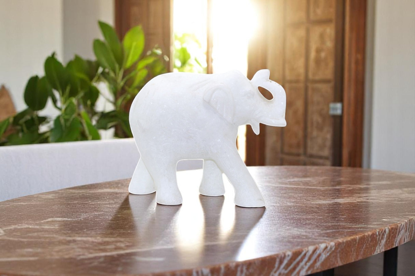Exquisite White Marble Elephant Idols: Handcrafted Artistry - 2.7kg