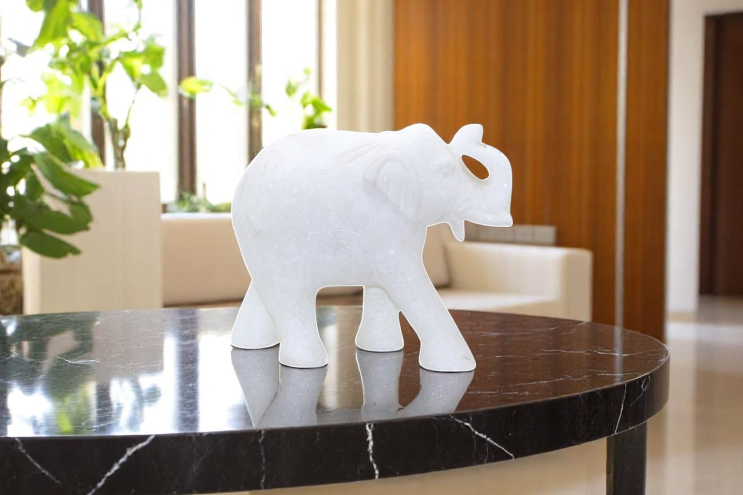 Exquisite White Marble Elephant Idols: Handcrafted Artistry - 2.7kg