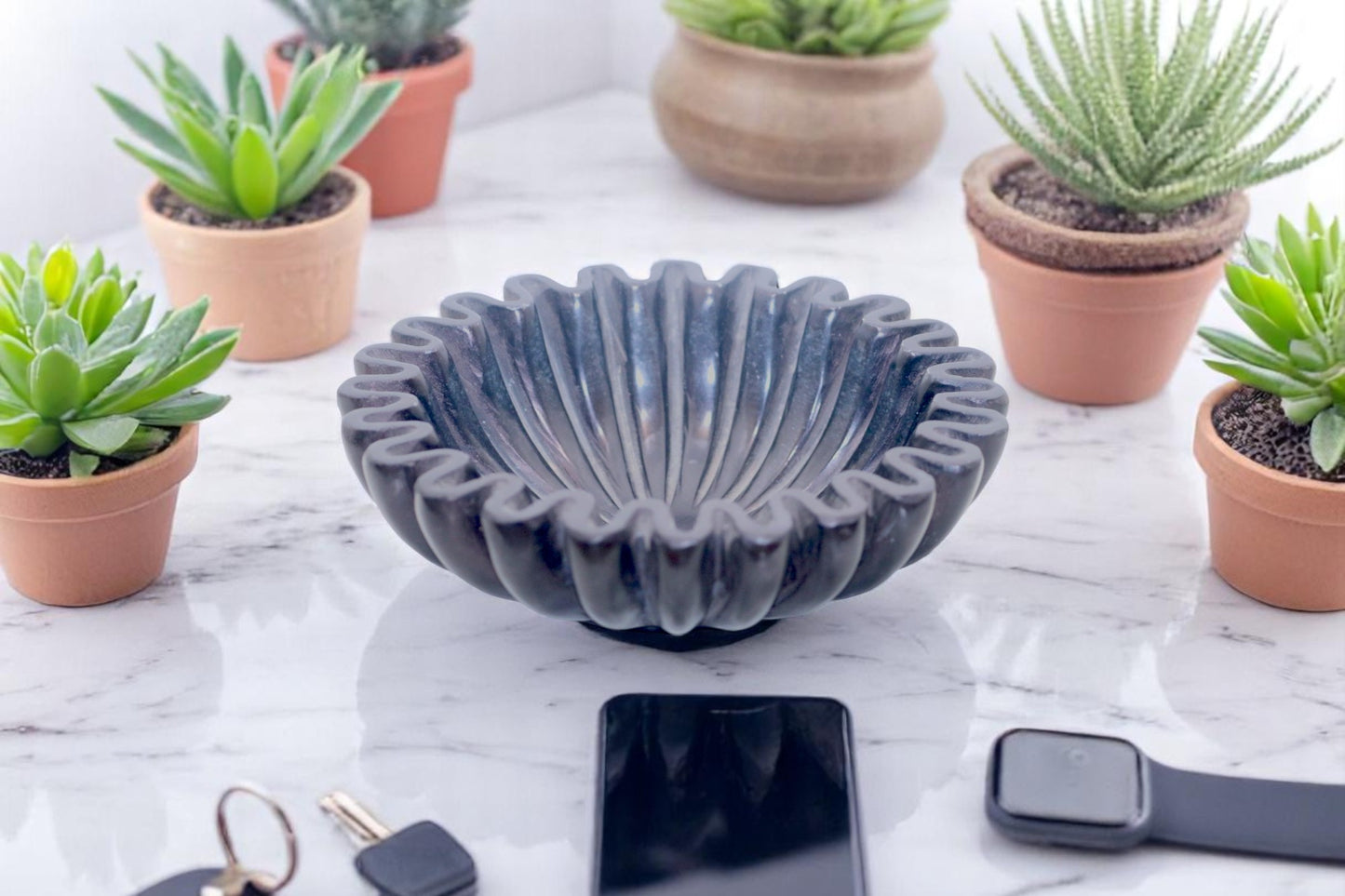 Ultimate Multi-Purpose Organizer small (6 inch round), Black Marble Round Holders for Phones, Watches, keys, Jewelry and more