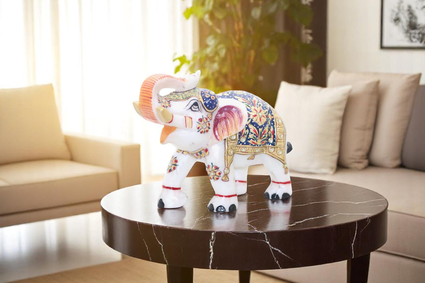 White marble hand painted  Elephant Idol for home decor