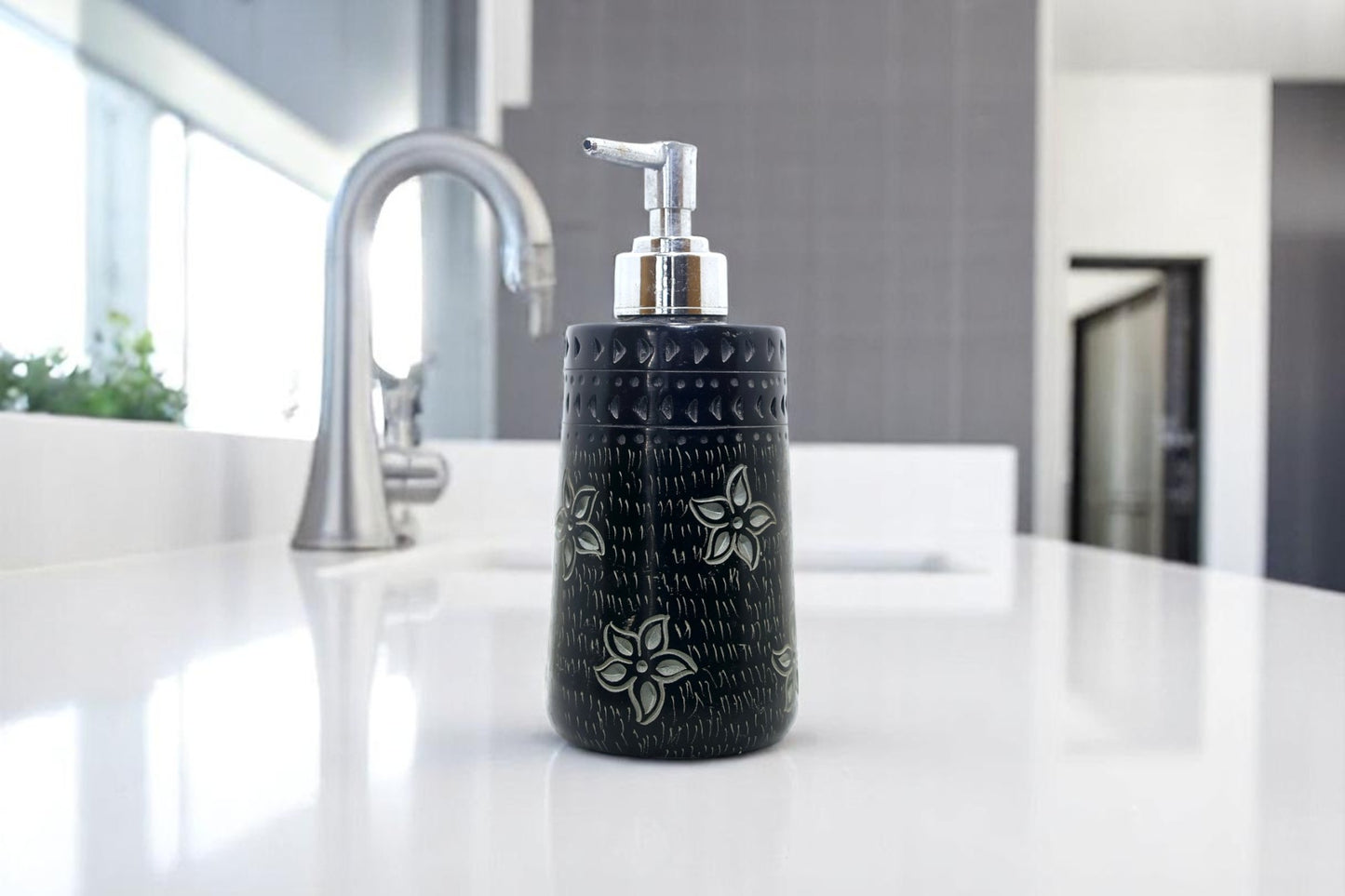 Black stone carved soap dispenser - Beautifully handcrafted