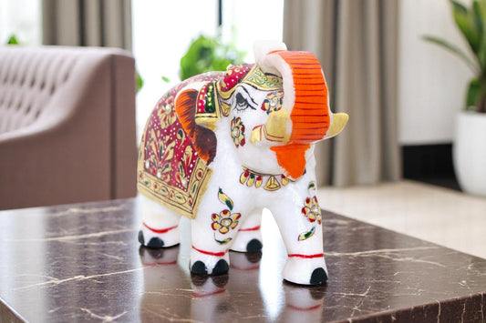 White marble hand painted and hand crafted elephant idol