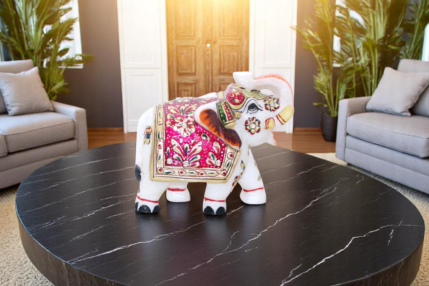 White marble hand painted and hand crafted elephant idol