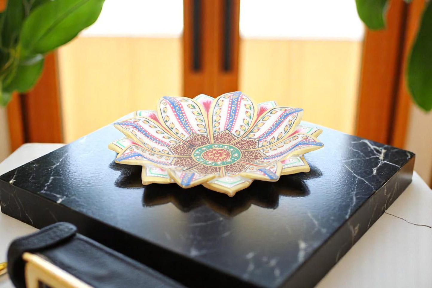 White marble hand painted and hand crafted fruit plate | dry fruit plate | flower decorator plate | temple flower plate