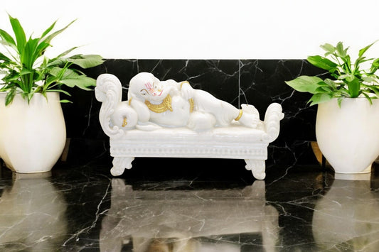 Hand Painted White marble Ganesh Ji idol  - Beautifully Handcrafted.