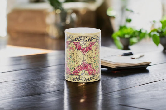 White Marble hand painted Pen Stand: Handcrafted and Hand Painted Design Elegance