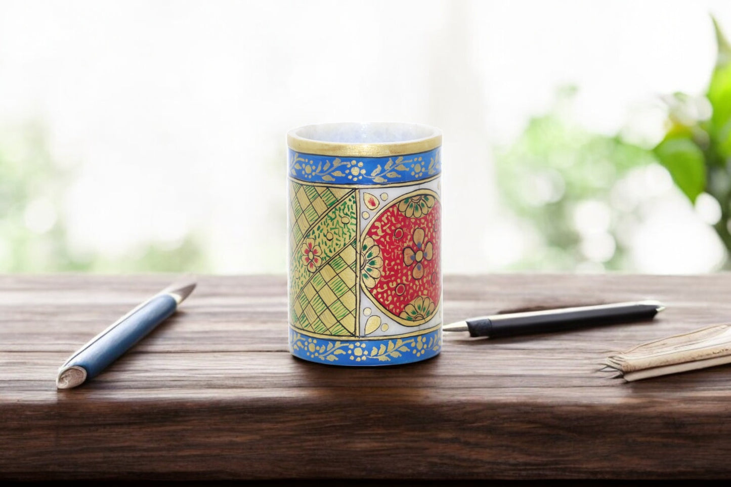 Enhance Your Desk with Unique White Marble Hand Painted Pen Stands