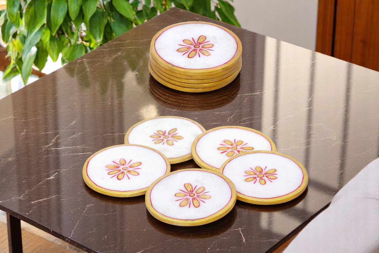 White marble hand painted and hand crafted tea coasters