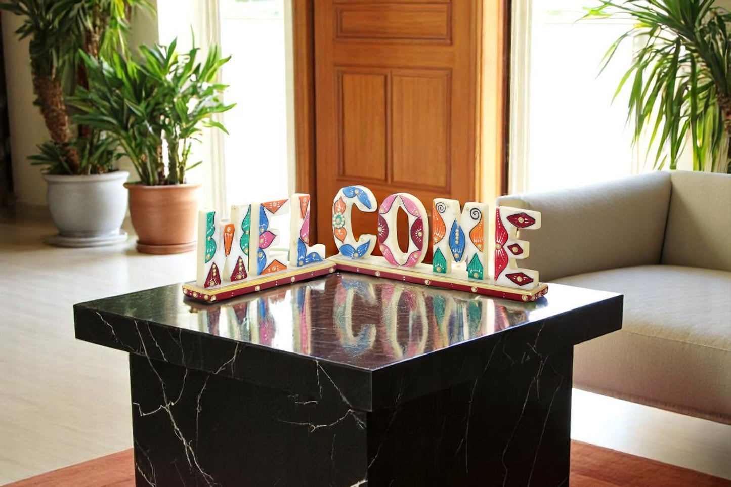 White marble hand painted and hand crafted welcome plate