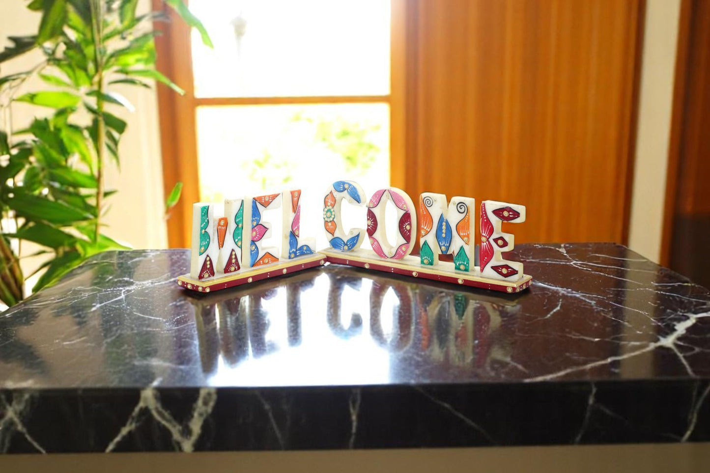 White marble hand painted and hand crafted welcome plate